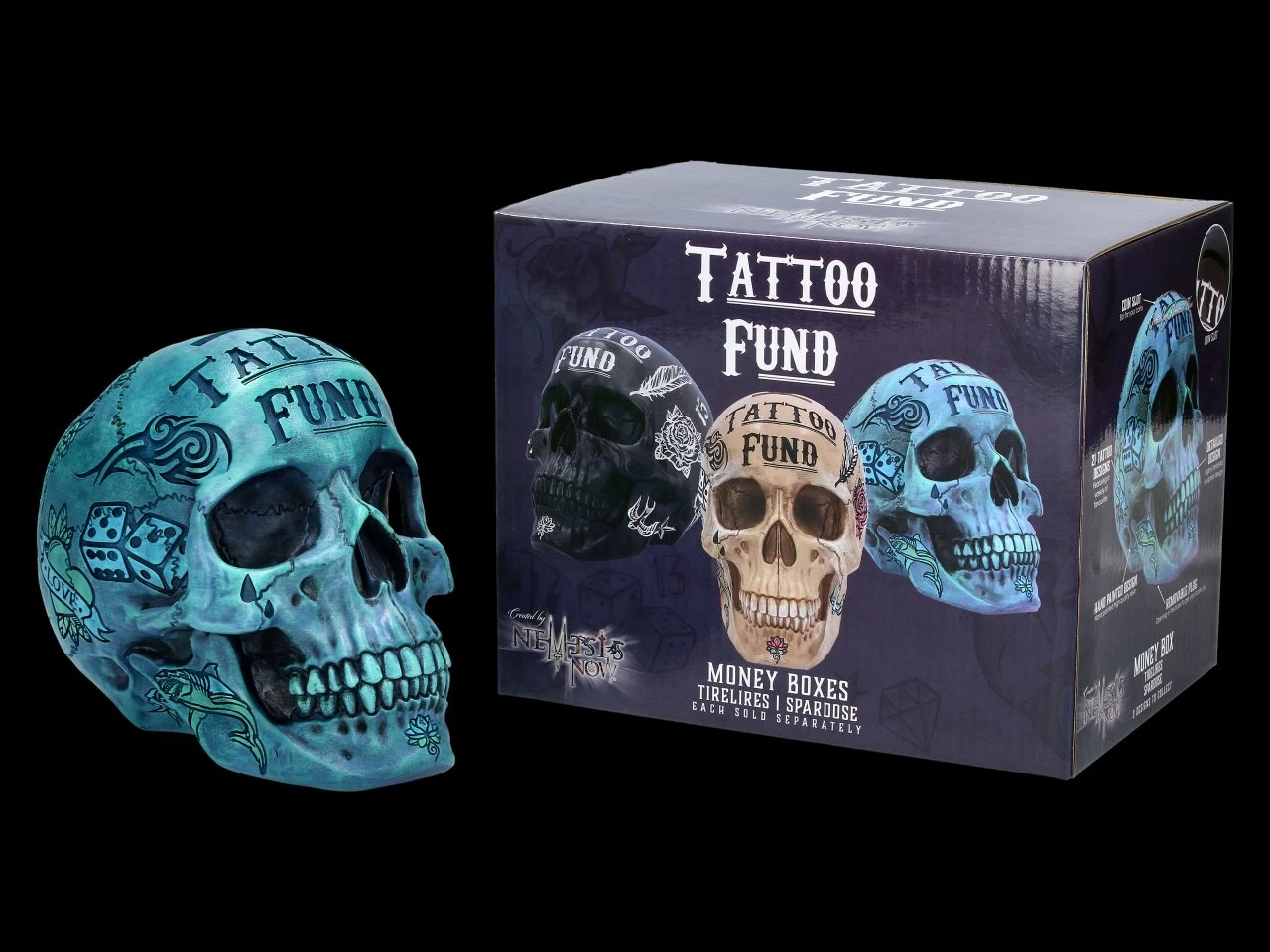 NEMESIS NOW Totenkopf - Tattoo Spardose - Blau 2 NEMESIS NOW Totenkopf - Tattoo Spardose - Blau – Bild 2