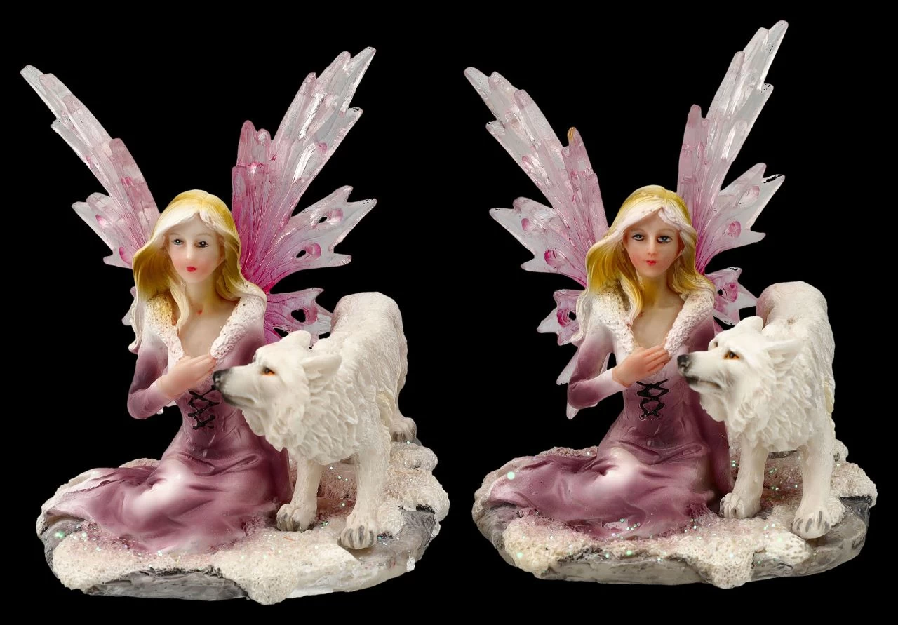 Elfen Figuren 2er Set - Rosa Feen Mit Wolf Babys 1 Elfen Figuren 2er Set - Rosa Feen Mit Wolf Babys