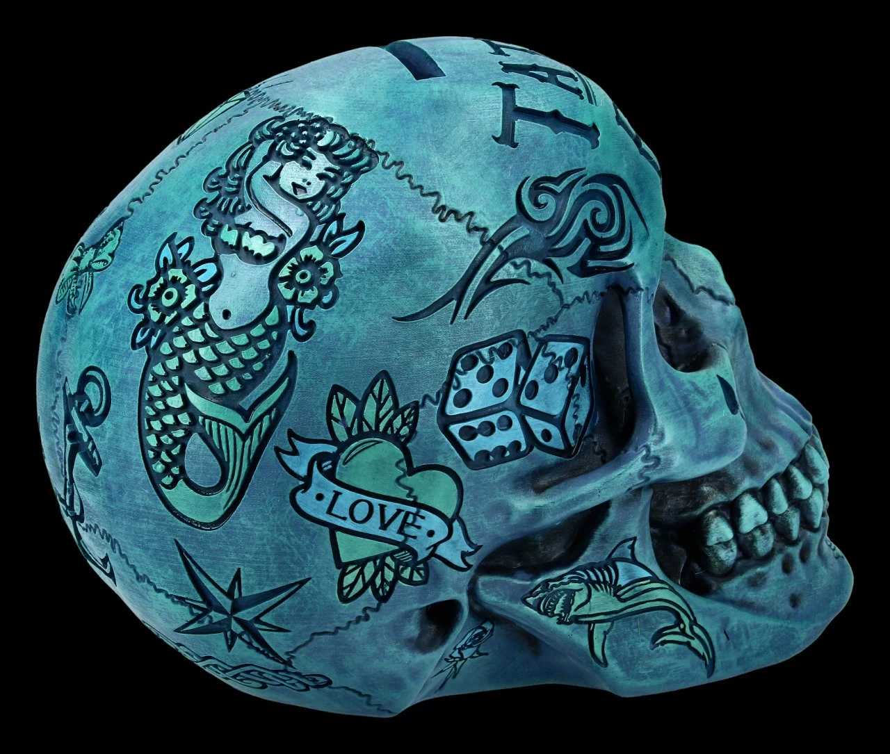 NEMESIS NOW Totenkopf - Tattoo Spardose - Blau 7 NEMESIS NOW Totenkopf - Tattoo Spardose - Blau – Bild 7