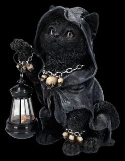 Katzen Figur In Reaperkutte Mit LED Laterne