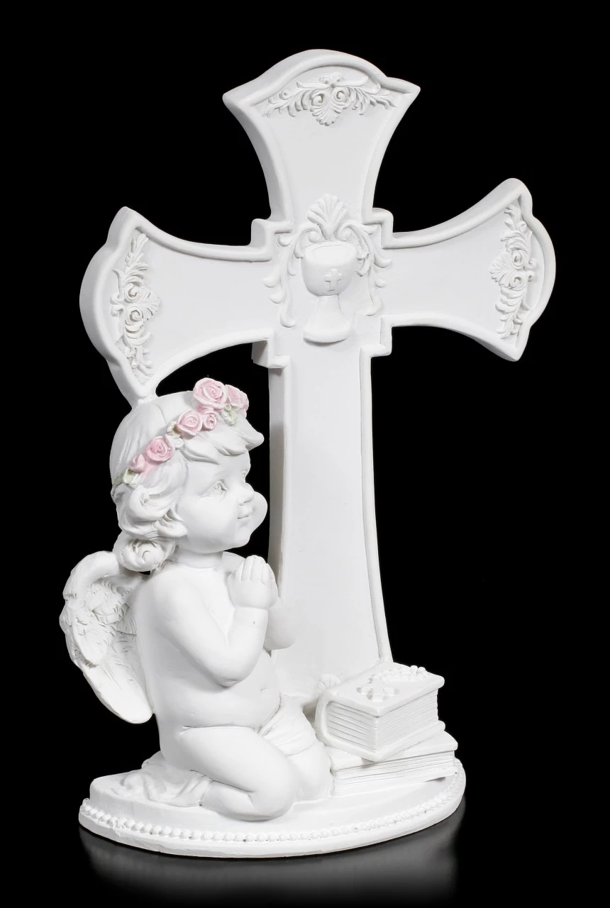 Weiße Cherub Figur Vor Kreuz Betend 2 Weiße Cherub Figur Vor Kreuz Betend – Bild 2