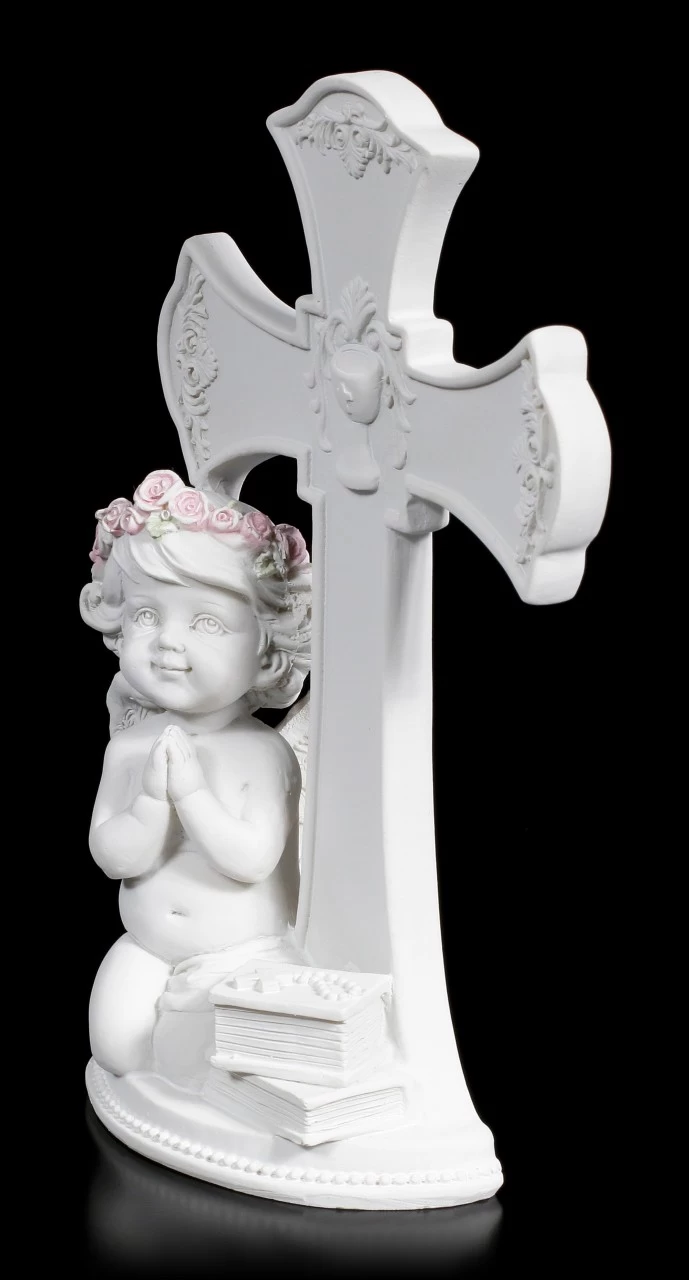 Weiße Cherub Figur Vor Kreuz Betend 5 Weiße Cherub Figur Vor Kreuz Betend – Bild 5