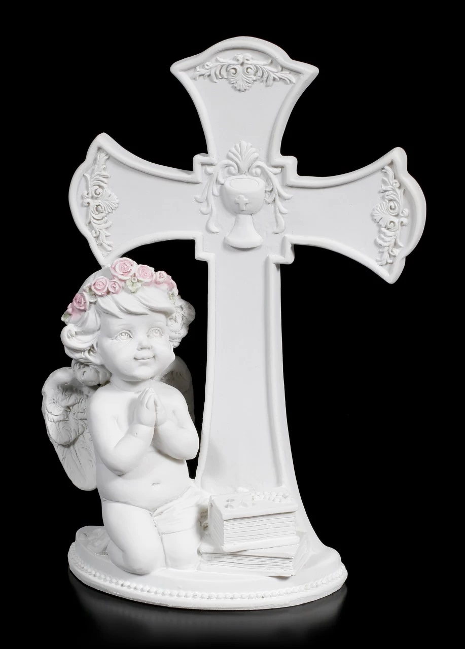 Weiße Cherub Figur Vor Kreuz Betend 1 Weiße Cherub Figur Vor Kreuz Betend